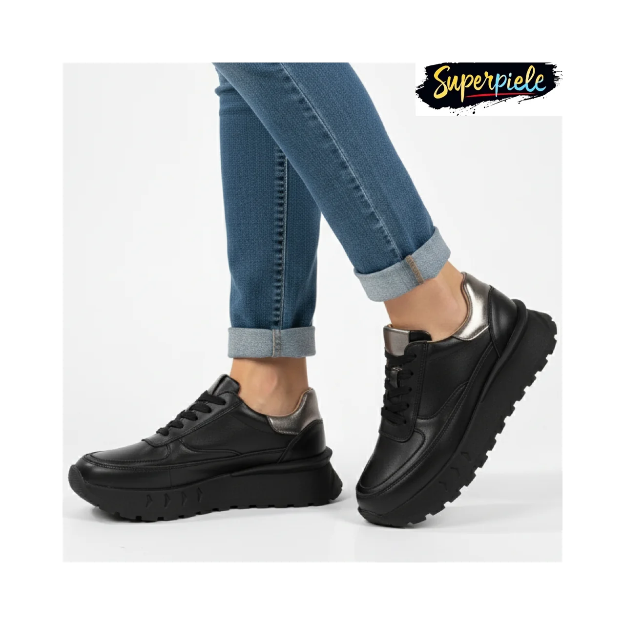Superpiele - Magazin Online de Încăltăminte-Genti din Piele NaturalăPantofi casual damă negru cu gri din piele naturală, cu talpă comodă groasă F001-892