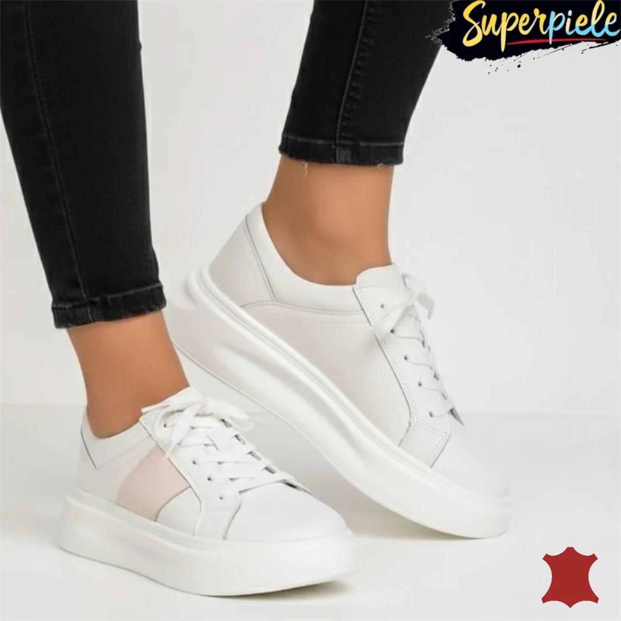 ležérní sportovní obuvDámské volnočasové boty bílé s růžovou |Karina| silná podrážka - přírodní kůže