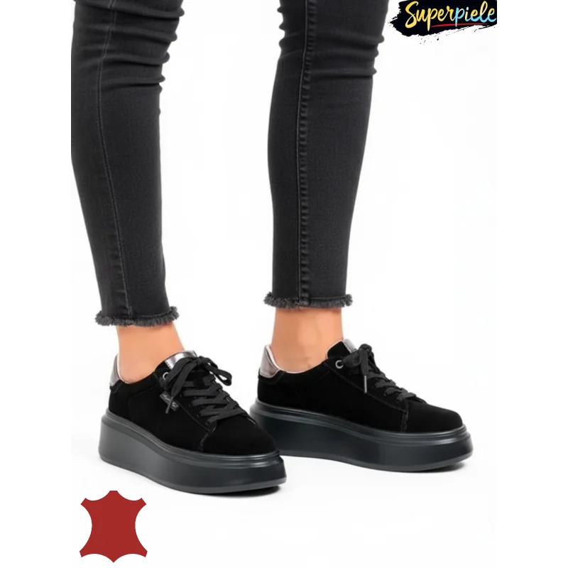 Chaussures casual femme en daim naturel noir avec bout rond F002-444