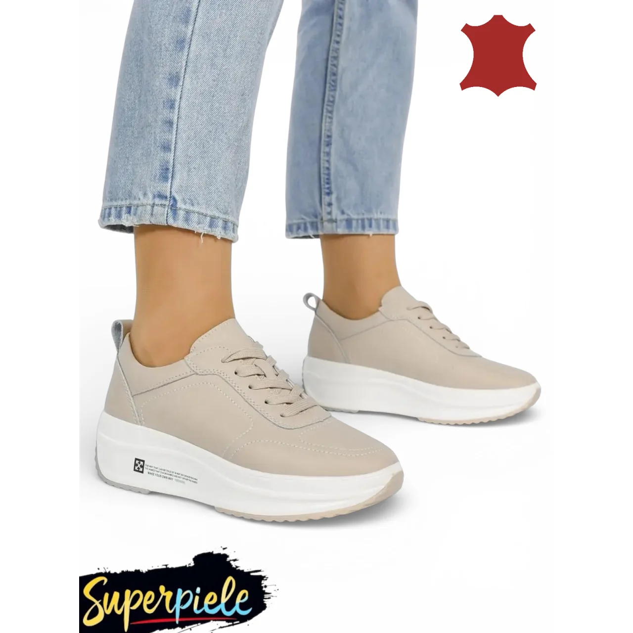 Pantofi casual-sportSneakers dama bej din piele naturala |Roxana|-talpa groasa