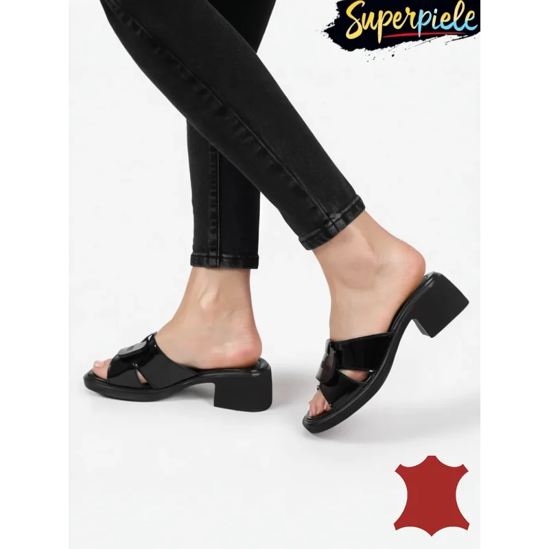 sandalias pantuflasZapatillas de mujer de charol negro brillante con tacón grueso |Zarody|