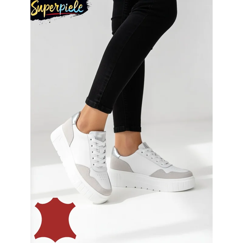 Weiße Damen-Sneaker aus echtem Leder und Wildleder mit dicker Sohle F002-459