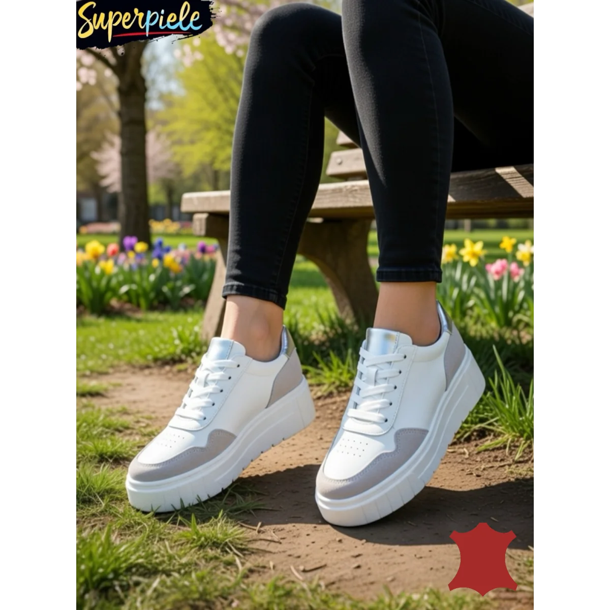 Weiße Damen-Sneaker aus echtem Leder und Wildleder mit dicker Sohle F002-459