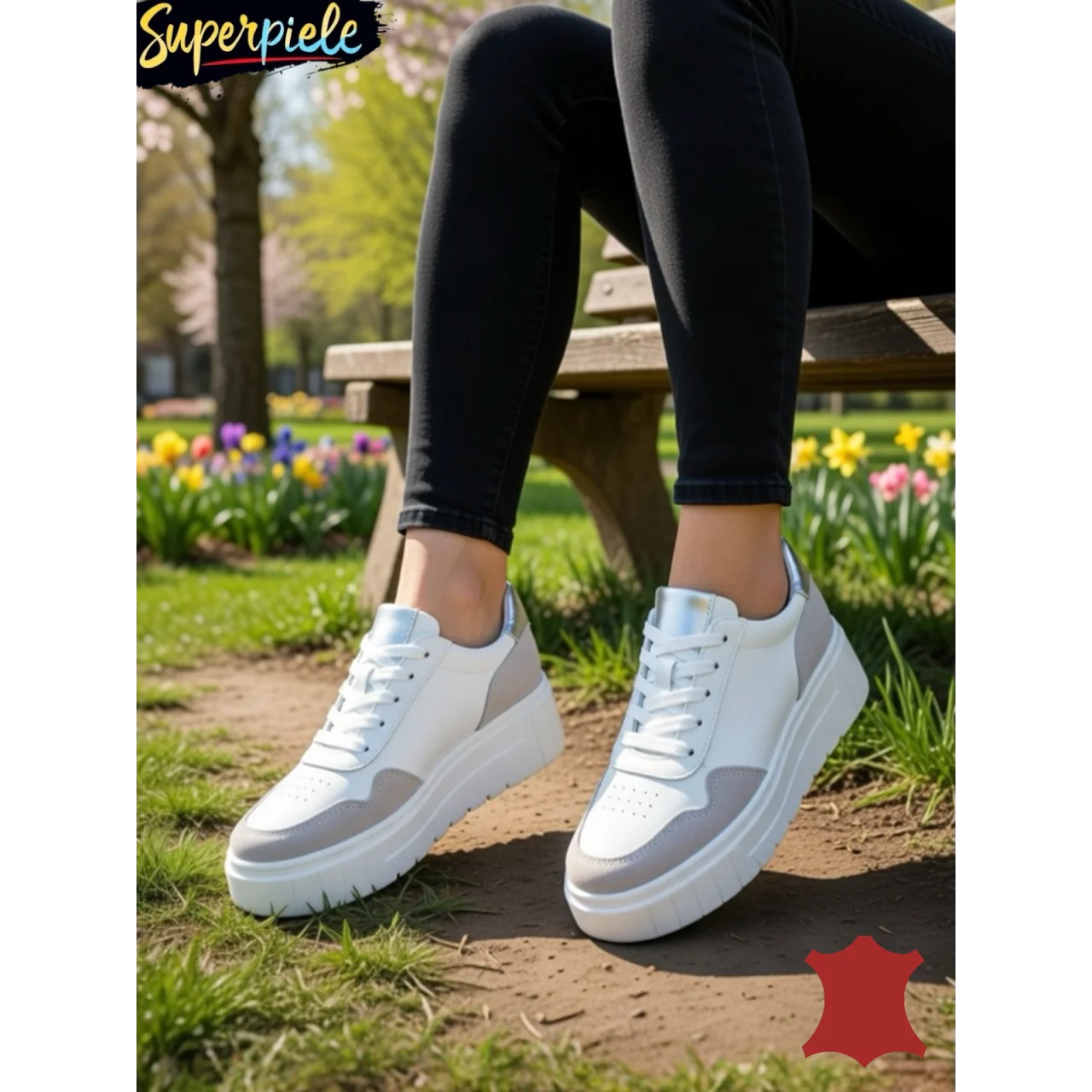 Weiße Damen-Sneaker aus echtem Leder und Wildleder mit dicker Sohle F002-459