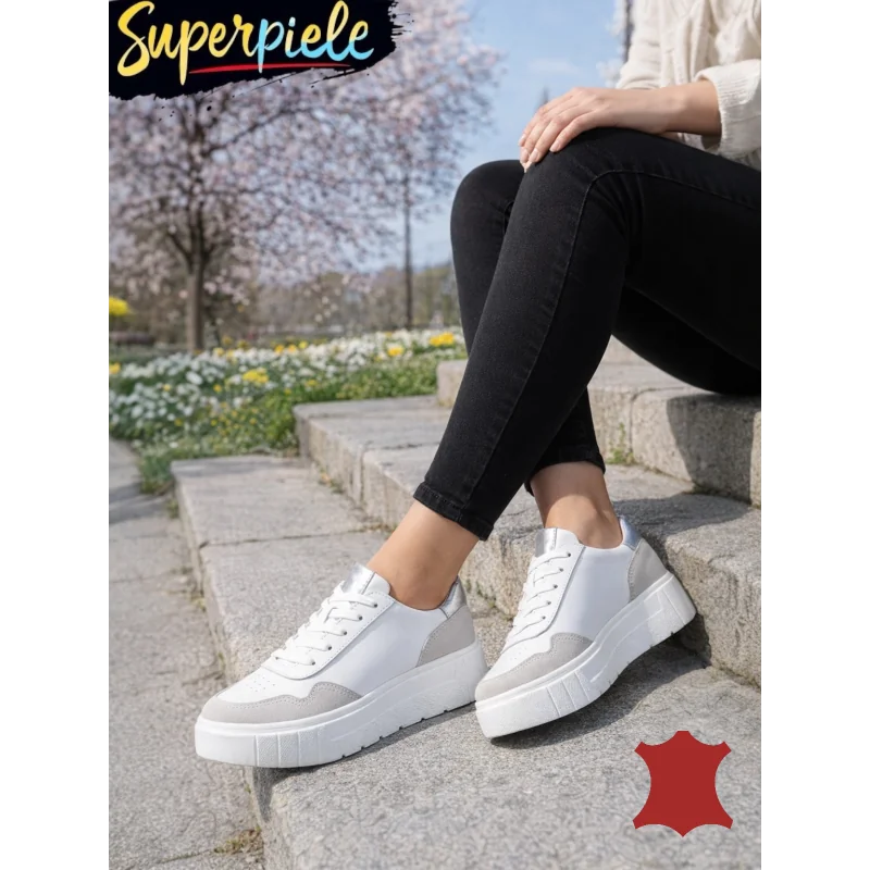 Weiße Damen-Sneaker aus echtem Leder und Wildleder mit dicker Sohle F002-459