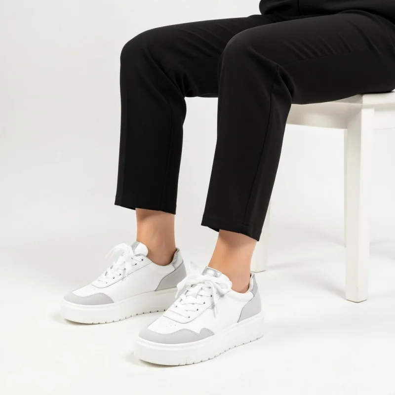 Weiße Damen-Sneaker aus echtem Leder und Wildleder mit dicker Sohle F002-459
