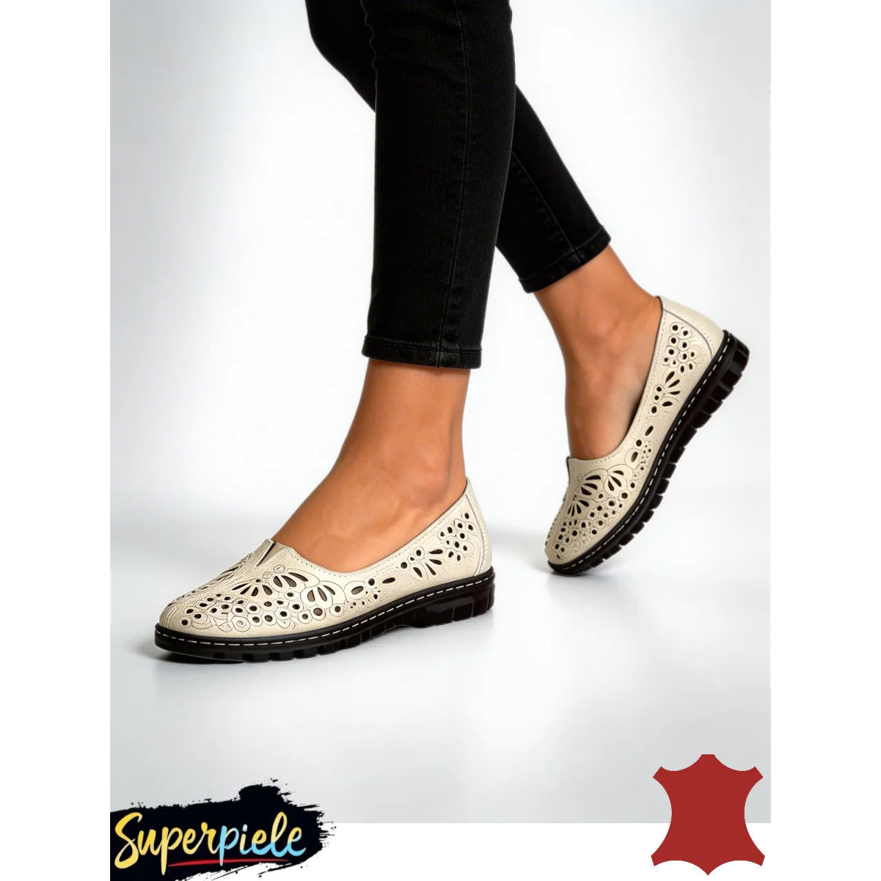 bailarinas y mocasinesBailarinas perforadas para mujer |Floranza|-Piel natural