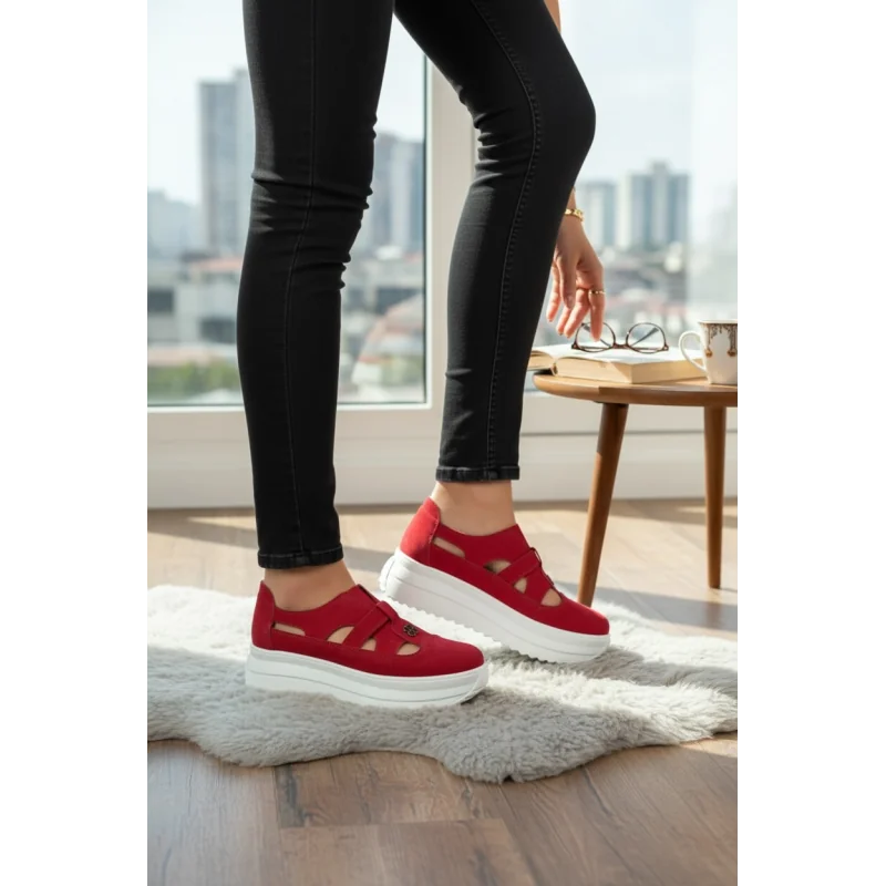 Pantofi casual dama piele naturalaPantofi casual rosie damă perforați cu talpa groasa si catarama decorativaSP002-541