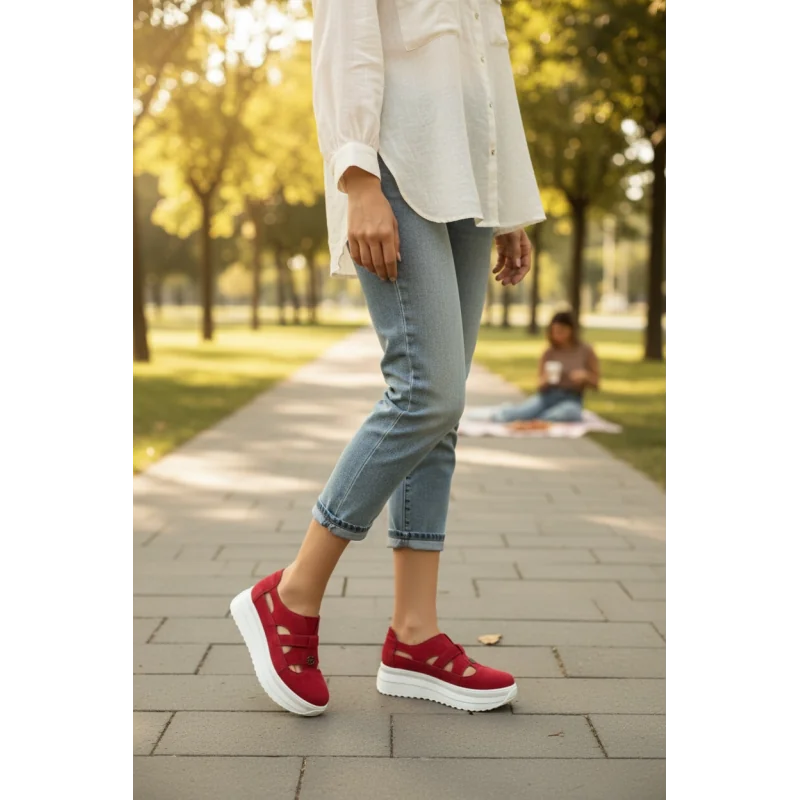 Pantofi casual dama piele naturalaPantofi casual rosie damă perforați cu talpa groasa si catarama decorativaSP002-541