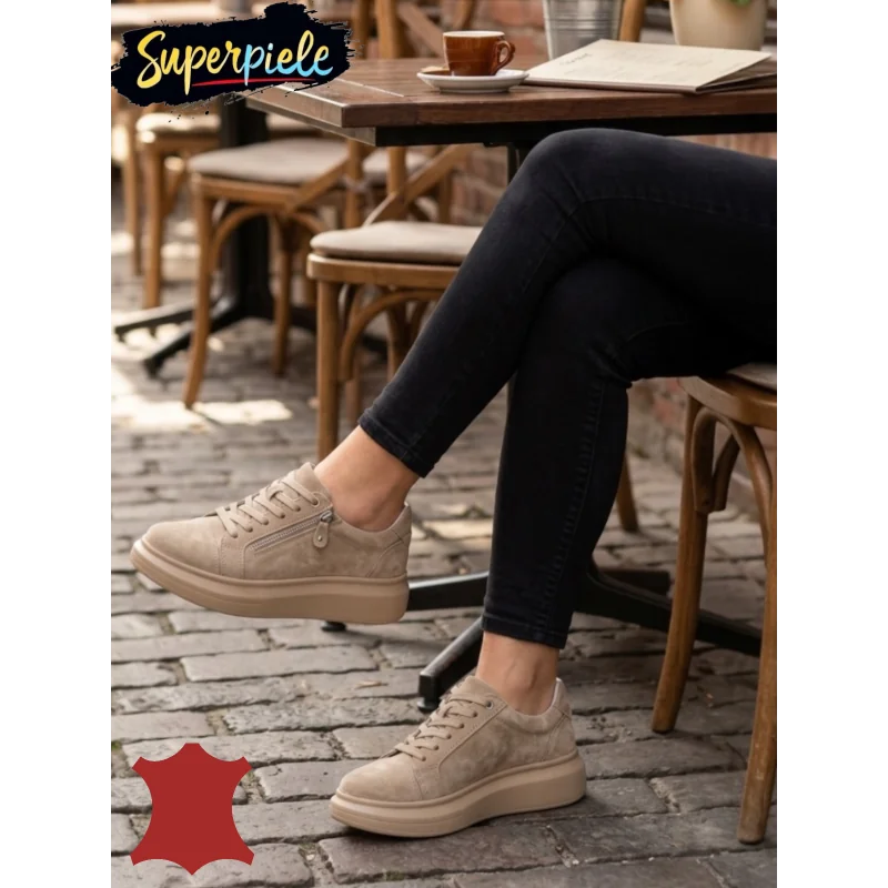Pantofi casual dama piele naturalaPantofi casual kaki dama piele naturală, talpă groasă cu fermoar pe latera