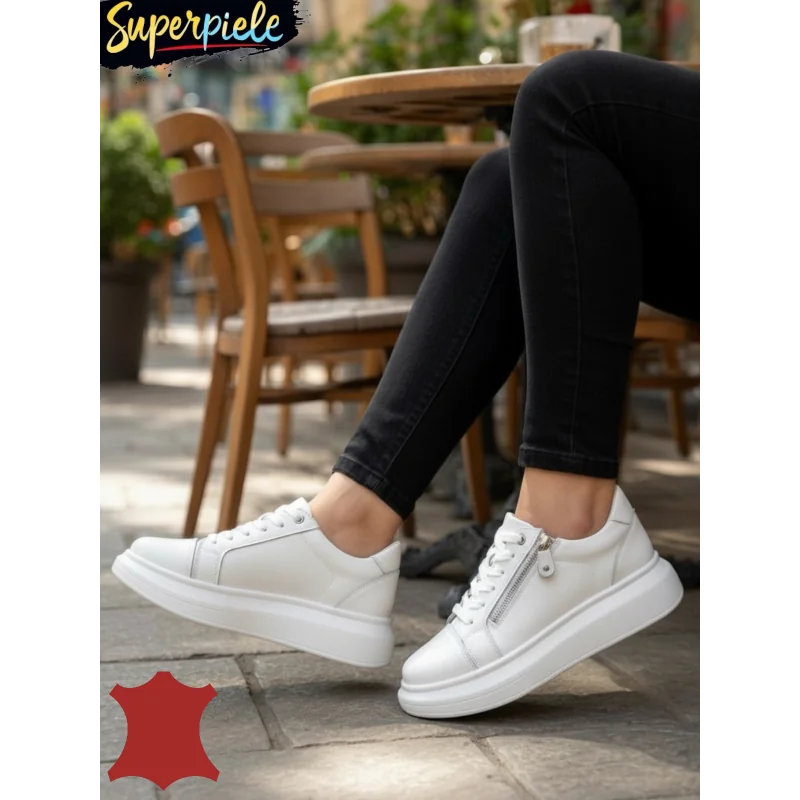 Pantofi dama pielePantofi casual albi dama piele naturală, talpă groasă cu fermoar pe latera