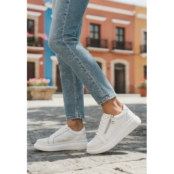 copy of Γυναικεία casual παπούτσια από γνήσιο δέρμα, με χοντρή σόλα και φερμουάρ στο πλάι.