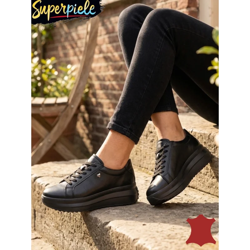 Γυναικεία μαύρα casual παπούτσια από γνήσιο δέρμα, με χοντρή σόλα F001-775