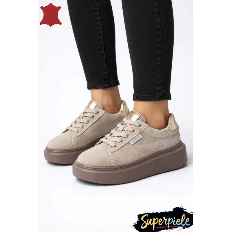 Superpiele - Magazin Online de Încăltăminte-Genti din Piele NaturalăPantofi casual dama piele naturala intoarsa bej cu talpa groasa F002-444