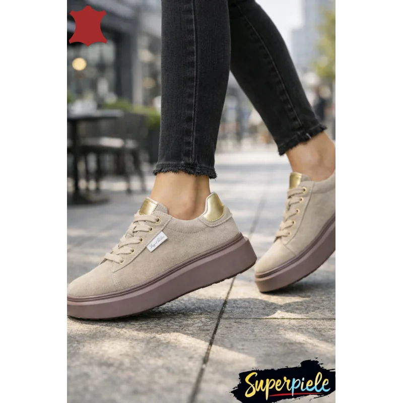 Superpiele - Magazin Online de Încăltăminte-Genti din Piele NaturalăPantofi casual dama piele naturala intoarsa bej cu talpa groasa F002-444