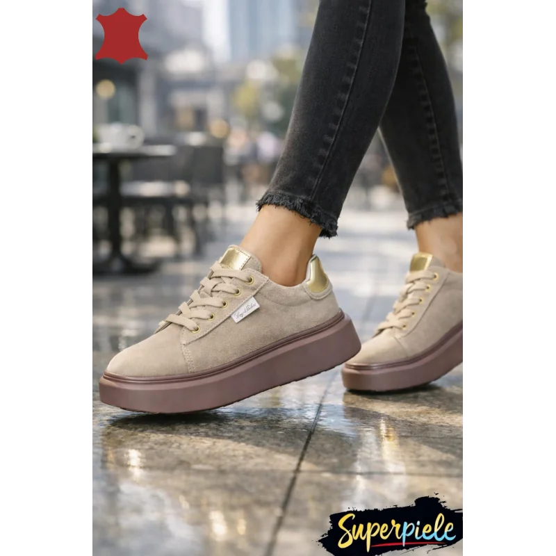 Superpiele - Magazin Online de Încăltăminte-Genti din Piele NaturalăPantofi casual dama piele naturala intoarsa bej cu talpa groasa F002-444