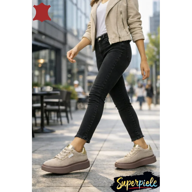 Superpiele - Magazin Online de Încăltăminte-Genti din Piele NaturalăPantofi casual dama piele naturala intoarsa bej cu talpa groasa F002-444