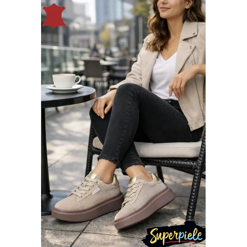 Superpiele - Magazin Online de Încăltăminte-Genti din Piele NaturalăPantofi casual dama piele naturala intoarsa bej cu talpa groasa F002-444
