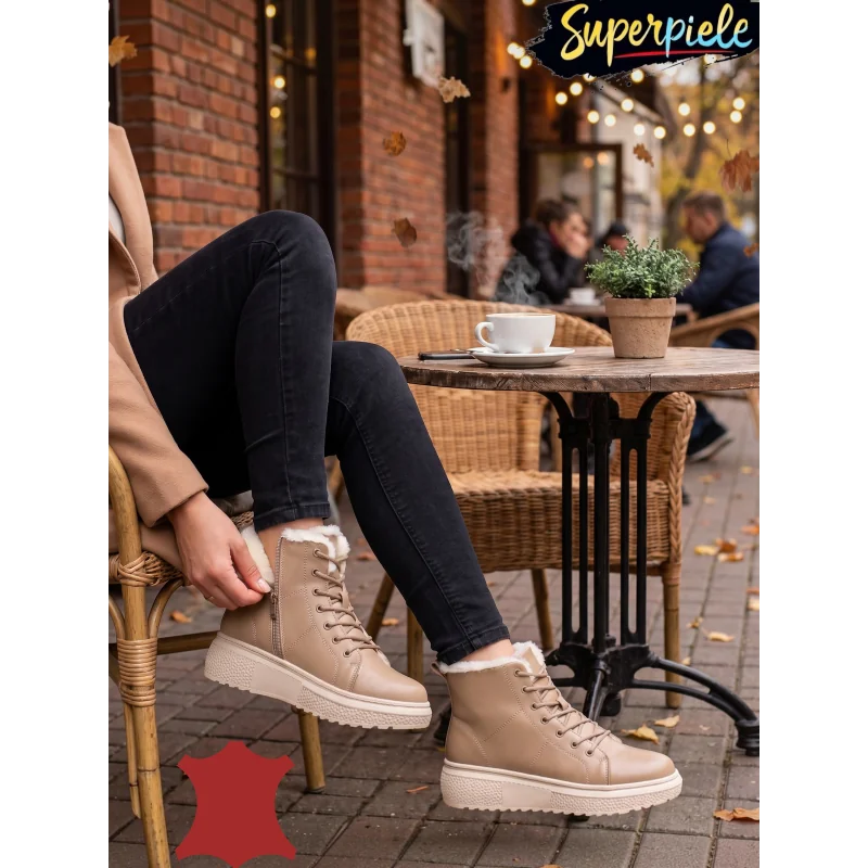 Tienda online de zapatos de piel auténtica para mujer.Botas caqui para mujer de piel auténtica, forradas con pelo F002-409