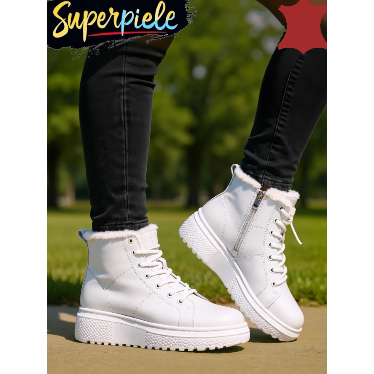 Superpiele - Magazin Online de Încăltăminte-Genti din Piele NaturalăGhete damă albe din piele naturală, îmblănite F002-409