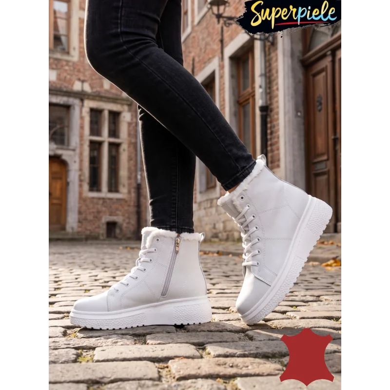 Superpiele - Magazin Online de Încăltăminte-Genti din Piele NaturalăGhete damă albe din piele naturală, îmblănite F002-409
