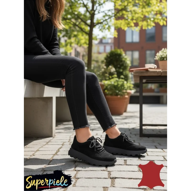Superpiele - Magazin Online de Încăltăminte-Genti din Piele NaturalăPantofi casual damă din piele întoarsă naturală negri cu șireturi