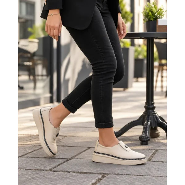 Balerini-MocasiniPantofi casual bej damă din piele naturală Fără șireturi