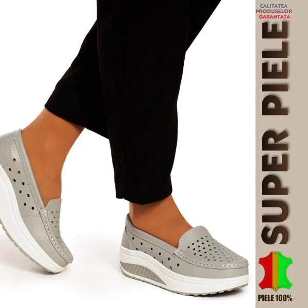 Balerini-MocasiniPerforerade grå loafers för kvinnor |Lavoka| med platå - Naturligt läder