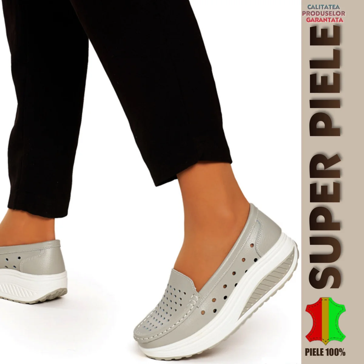 Balerini-MocasiniPerforerade grå loafers för kvinnor |Lavoka| med platå - Naturligt läder