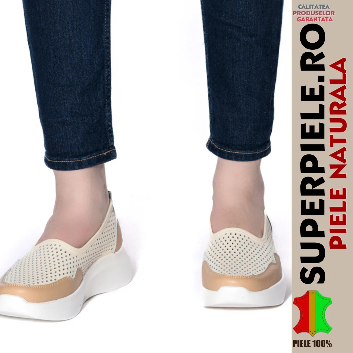 Ballerines femme en cuir naturel perforé à semelles épaisses - |TANA|
