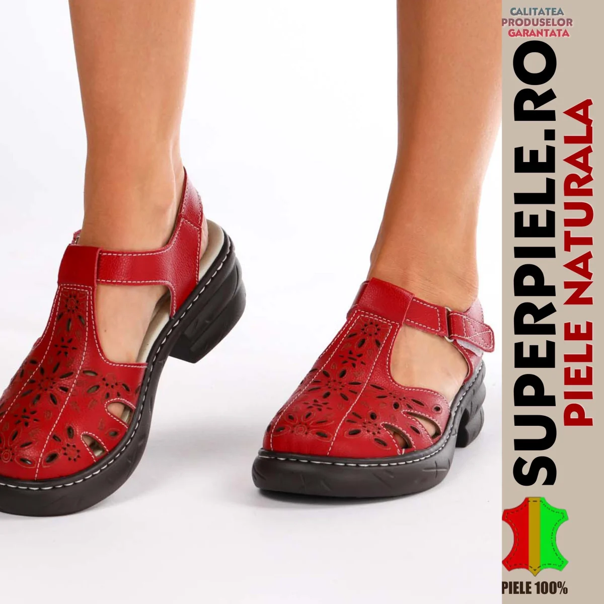 Sandali rossi in vera pelle con tacco spesso, cinturino e fibbia-|ODELA|
