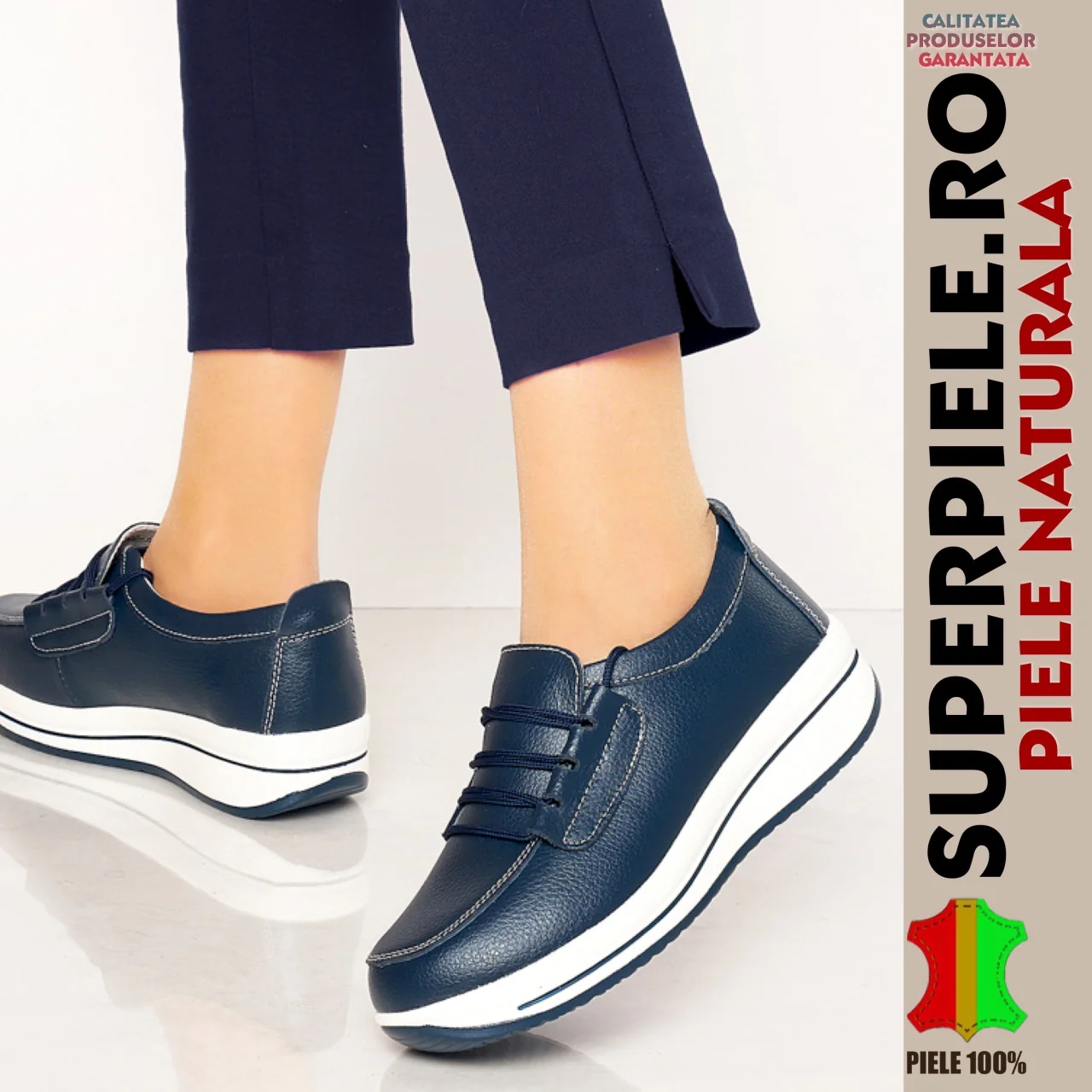Mocassins femme en cuir véritable bleu marine avec plateforme-|WAFA|