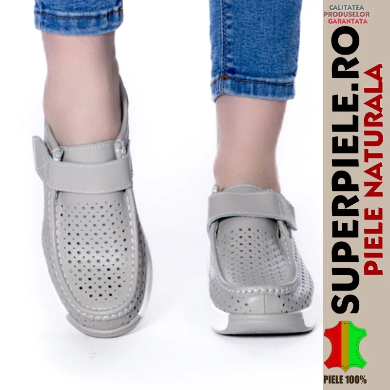Balerini-MocasiniGrå Perforerade Loafers, Äkta Läder, Med Rem, Platå-|Amina|