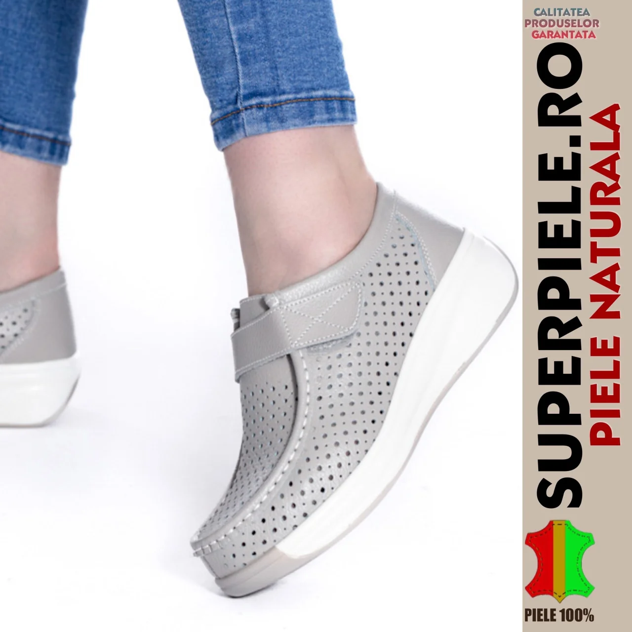 Balerini-MocasiniGrå Perforerade Loafers, Äkta Läder, Med Rem, Platå-|Amina|