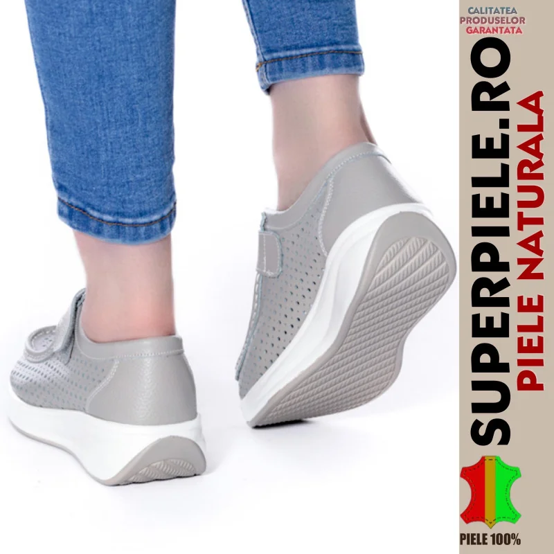 Balerini-MocasiniGrå Perforerade Loafers, Äkta Läder, Med Rem, Platå-|Amina|